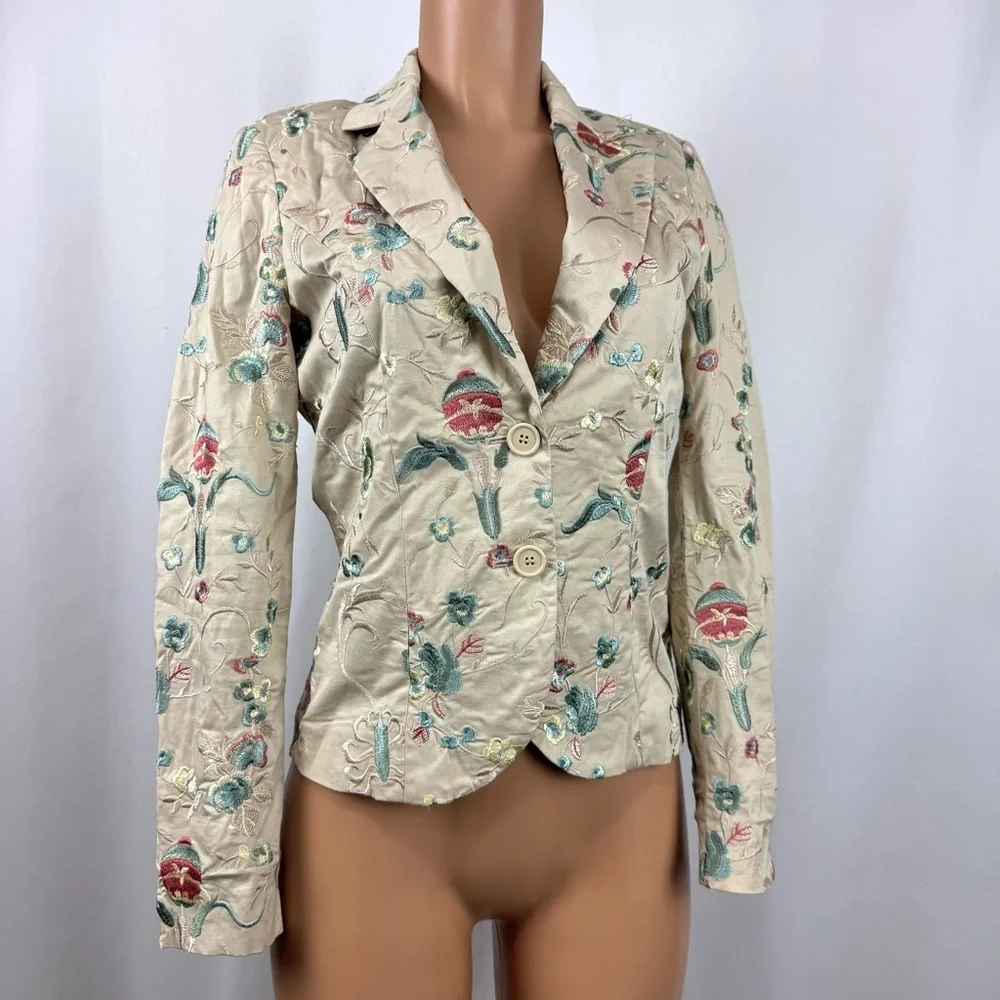 CORTEFIEL Women’s Sz 38 US M Cream Embroidered Blazer Jacket Whimsical Fairycore
